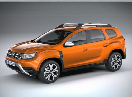 An orange compact SUV with roof rails and black wheel arches is parked on a plain background.