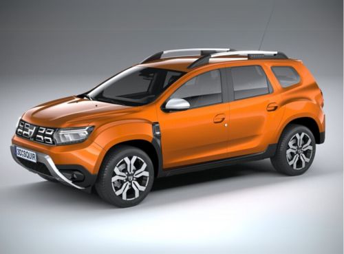 An orange SUV with black trim and roof rails is parked on a plain, light-colored surface, viewed from a front-side angle.
