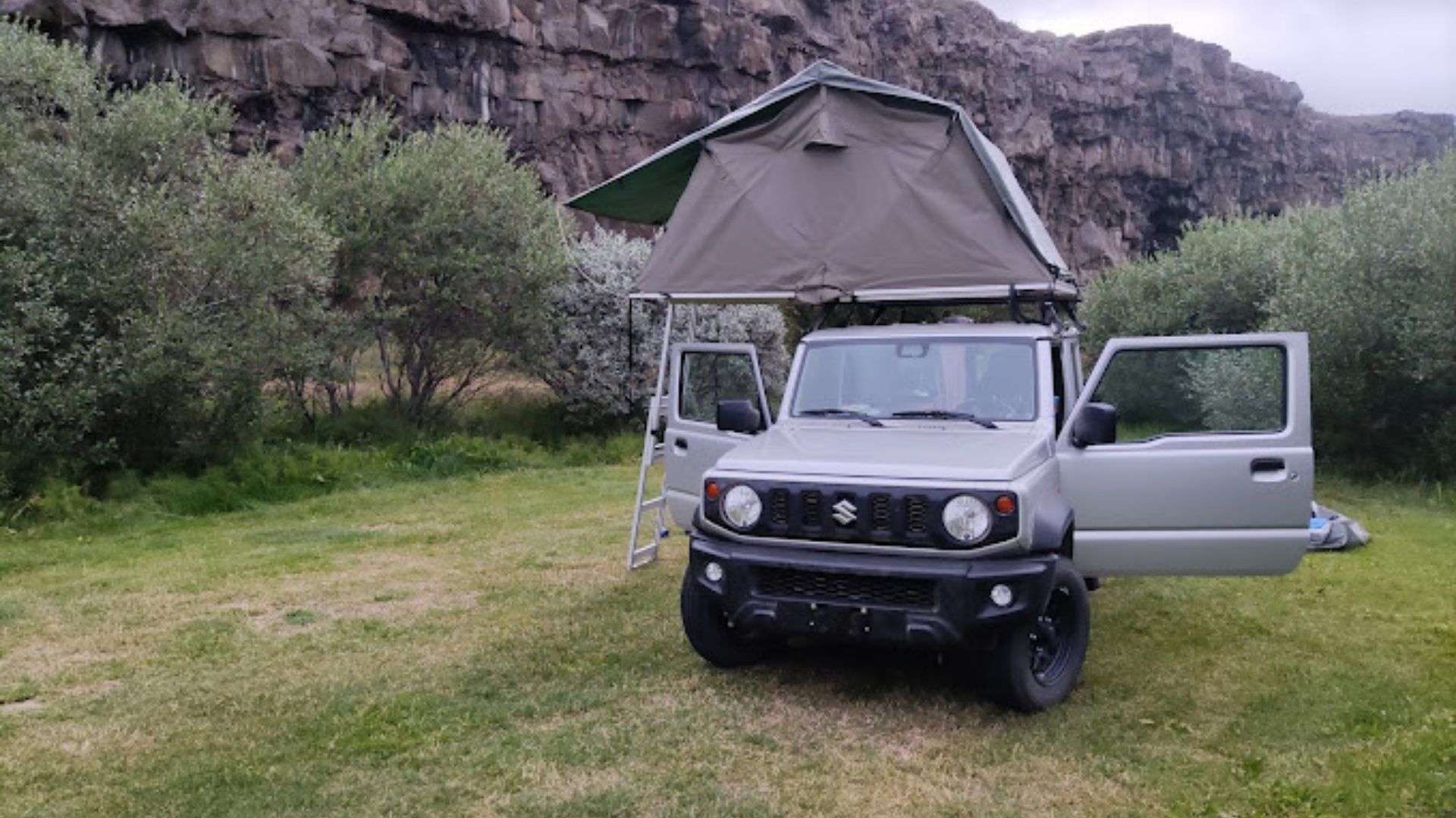 A gray Suzuki SUV with open doors is parked on grass, featuring a rooftop tent with a ladder, surrounded by bushes and cliffs.