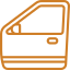 Orange outline icon of a car door, viewed from the side, showing the window, handle, and lower trim.
