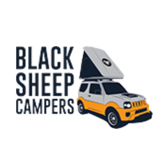 Logo with the text "Black Sheep Campers" next to an illustration of a yellow and gray SUV with a roof tent extended.