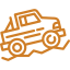 Orange line drawing of a car driving on a winding or uneven road with motion lines behind the wheels.