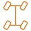 Simple orange icon of a vehicle drivetrain showing four wheels connected by two axles and a central driveshaft.