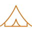 Simple brown line drawing of a triangular tent with an open entrance, viewed from the front.